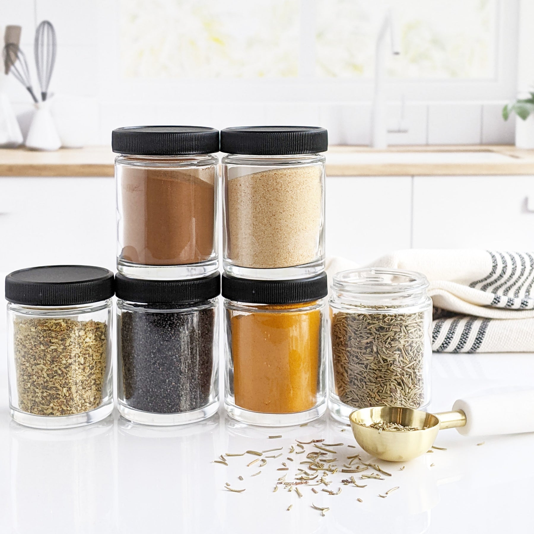 Set of 24 Gold Cap Glass Spice Jars with Labels, Empty 4oz